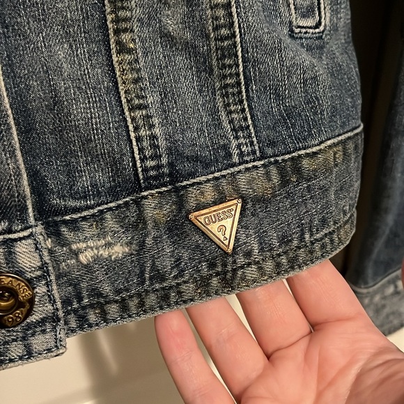 Guess Y2K Vintage Distressed Jean Denim Jacket Stretch Size Large w Gold Paint - Picture 6 of 10